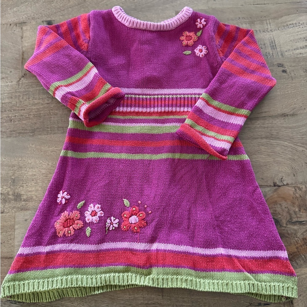 Petit Lem Pink Green Striped Knit cotton Dress with Floral Embroidery 12 months